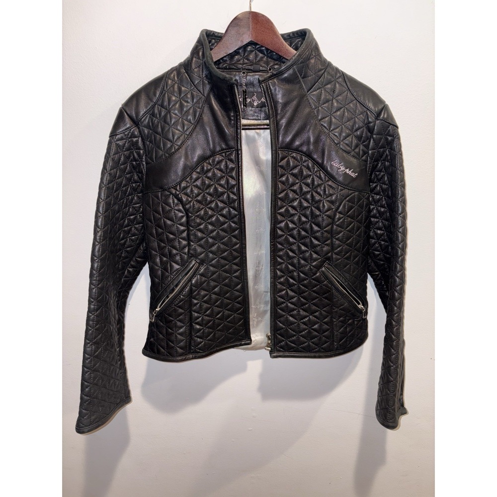 Baby Phat Y2K Vintage Genuine Leather Full Zip Black Quilted Biker Jacket Size M